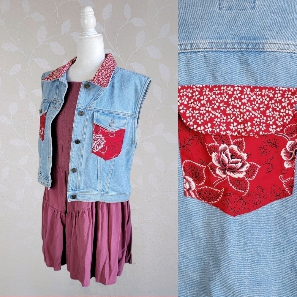 Vintage Gingham Paisley Floral Bandana Patch Pockets Denim Vest The Picket Fence